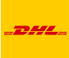 Das DHL-Logo in roten Buchstaben mit horizontalen Linien auf gelbem Hintergrund.